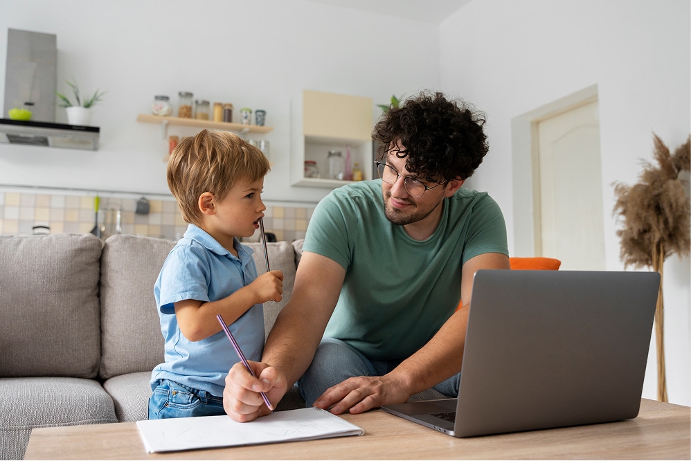 Père et enfant partageant un moment à la maison, illustrant les liens familiaux