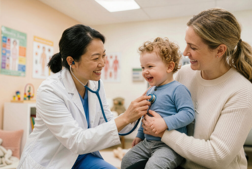 Médecin pédiatre examinant un jeune enfant souriant en clinique, dans le cadre d’une évaluation de santé et d’un suivi du développement.