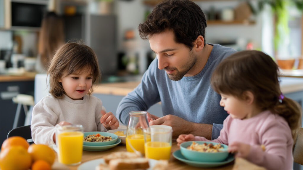 Famille avec deux jeunes enfants partageant un petit-déjeuner en famille, routine du matin et moments du quotidien favorisant le développement et la stabilité de l’enfant.