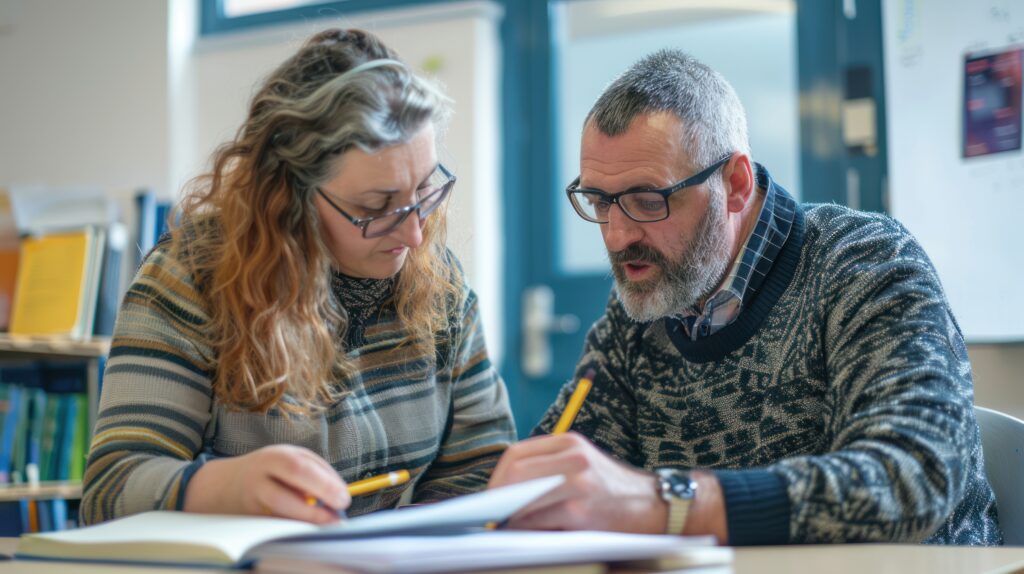 Un adulte en situation de handicap travaillant avec un tuteur et utilisant du matériel pédagogique adapté.